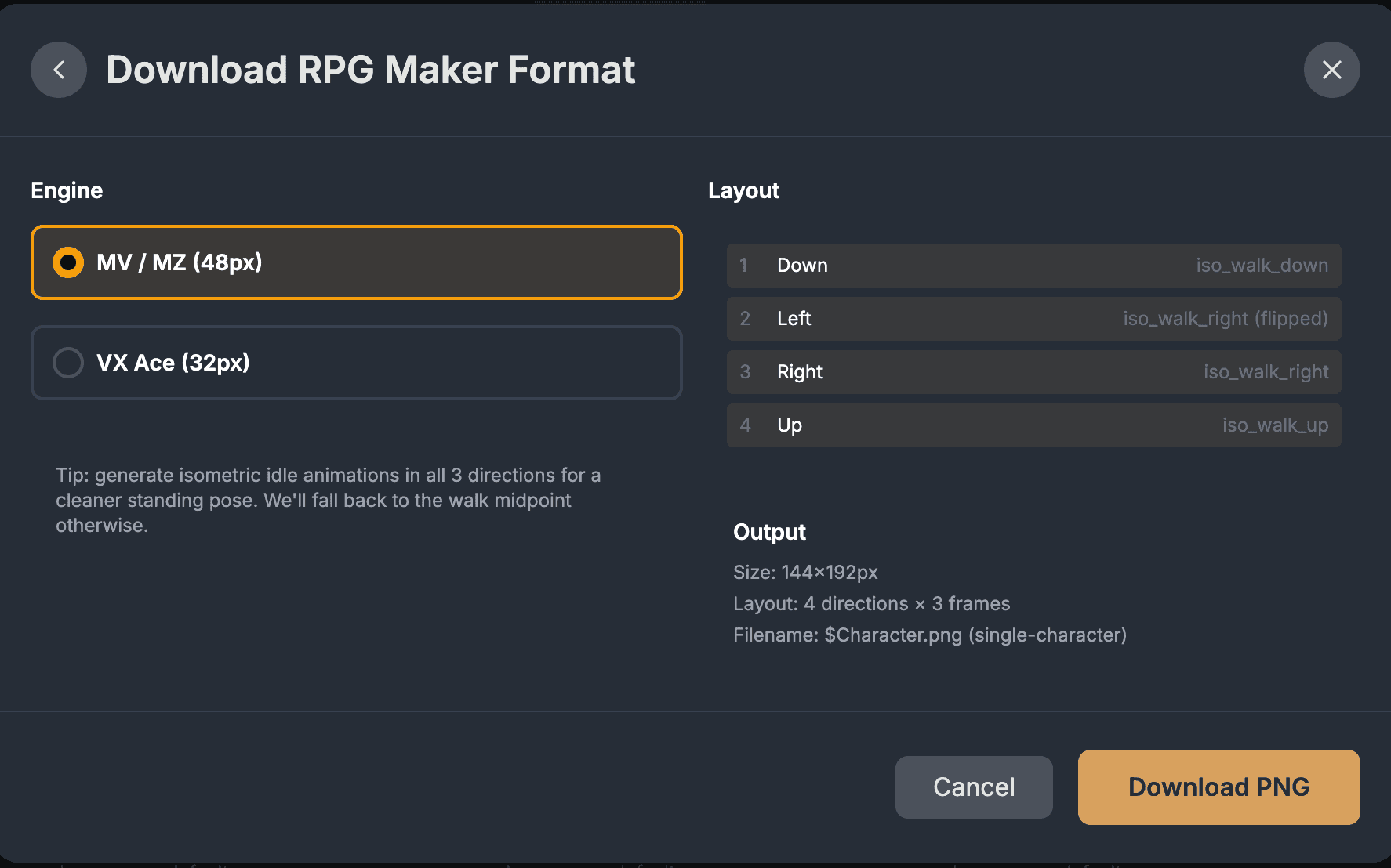 AutoSprite RPG Maker format download modal with MV, MZ, and VX Ace options