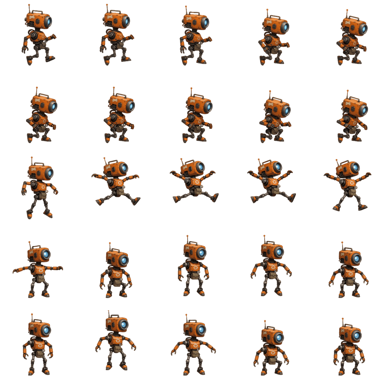 Exported transparent PNG sprite sheet with aligned small robot jump frames