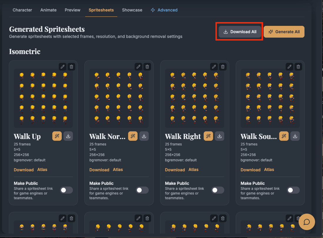AutoSprite Spritesheets tab with the Download All button highlighted above the generated isometric walking sheets