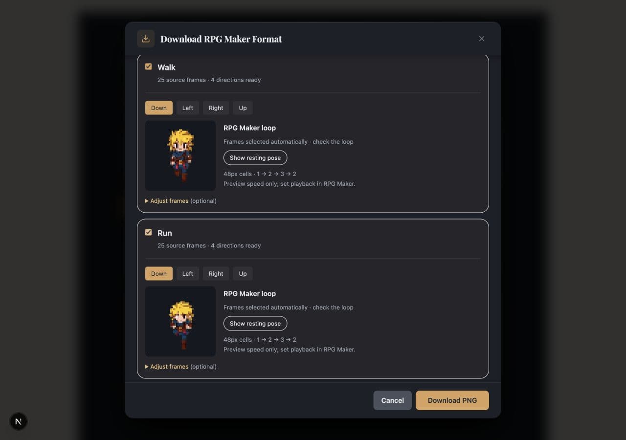RPG Maker exporter with Walk and Run selected, actual direction tabs, automatically selected poses playing in loop previews, and optional frame adjustments