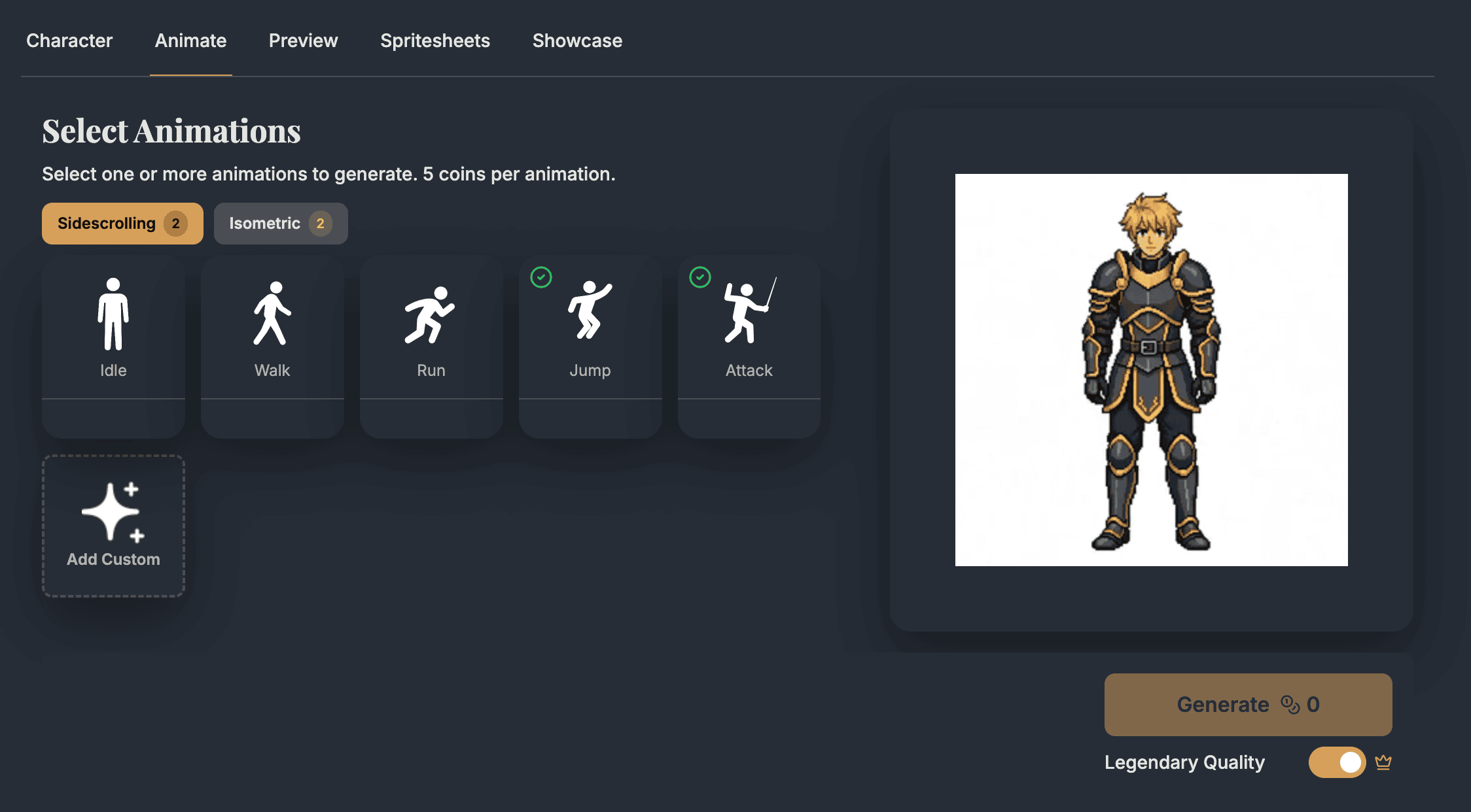 Animation selection screen for GameMaker sprite generation