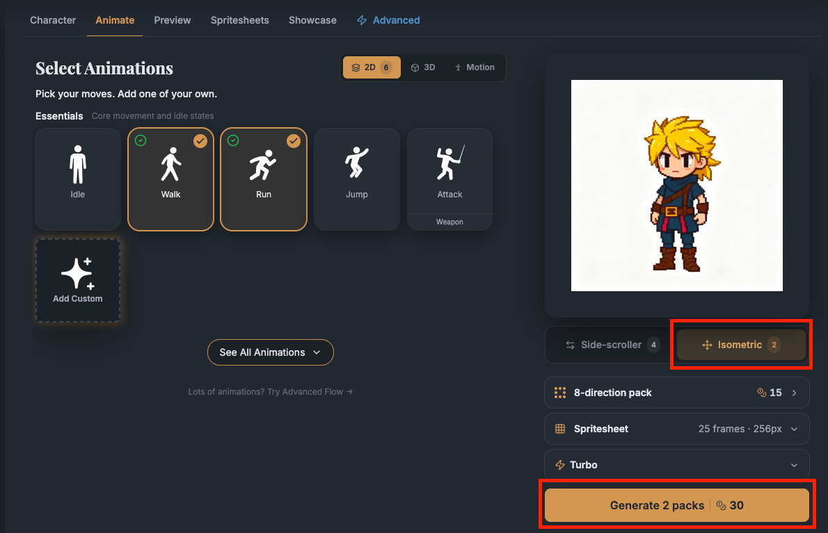 AutoSprite Animate screen with Walk and Run selected, Isometric 8-direction pack enabled, and Generate 2 packs highlighted