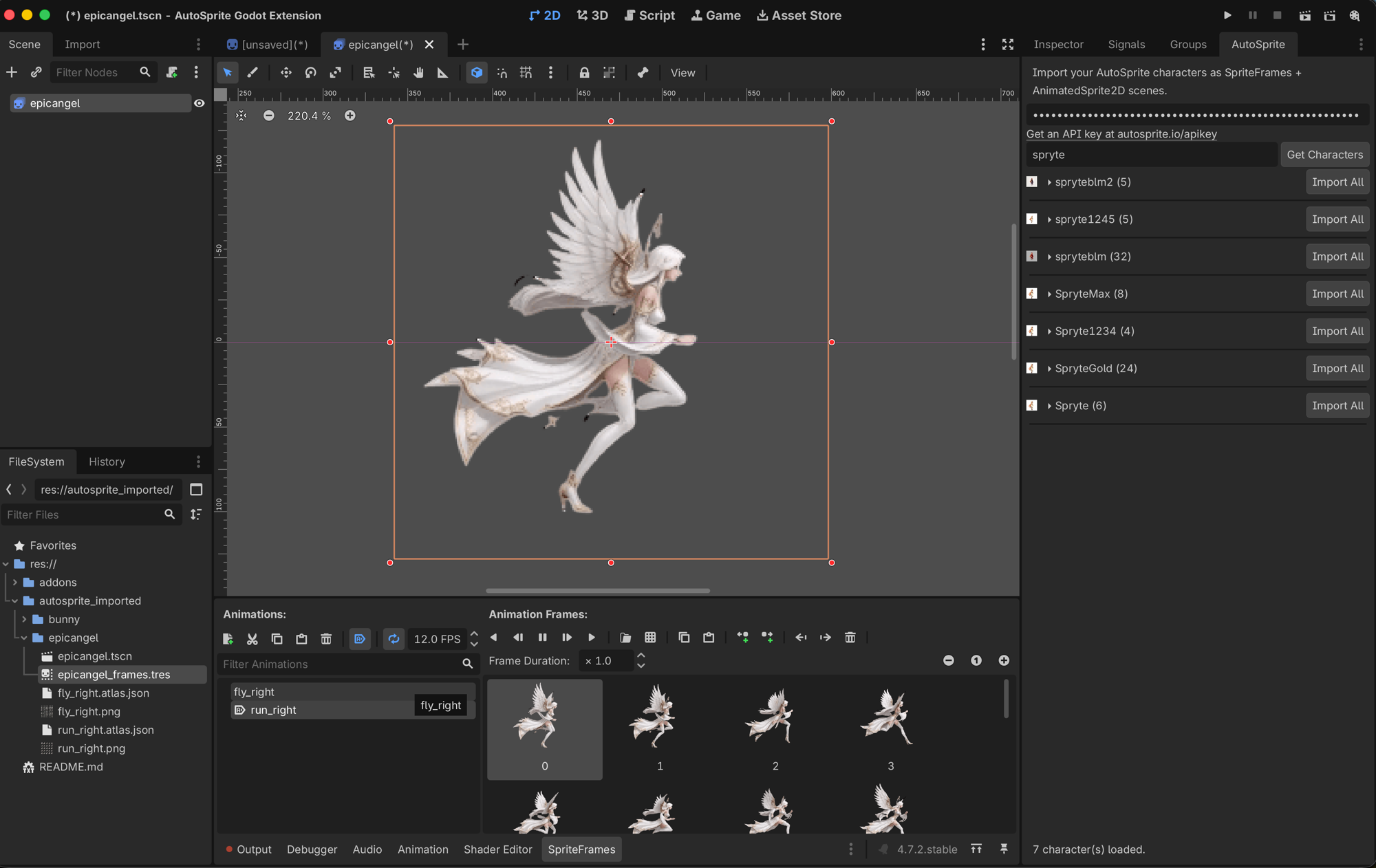 AutoSprite dock inside the Godot editor