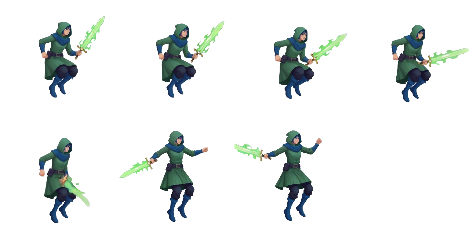 A jump animation sprite sheet: seven frames of a hooded swordsman laid out on a four by two grid